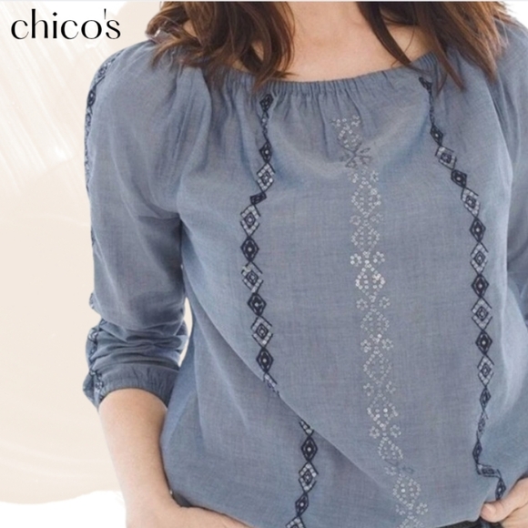 Chicos Blouse Sz 1 Light Blue Embroidered Diamond Sequin Chambray - Picture 1 of 8